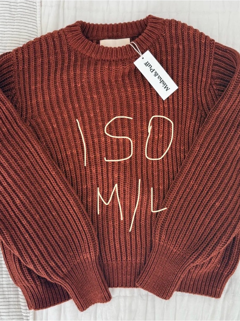 Misha And Puff Ribbed Crewneck Sweater in Rust